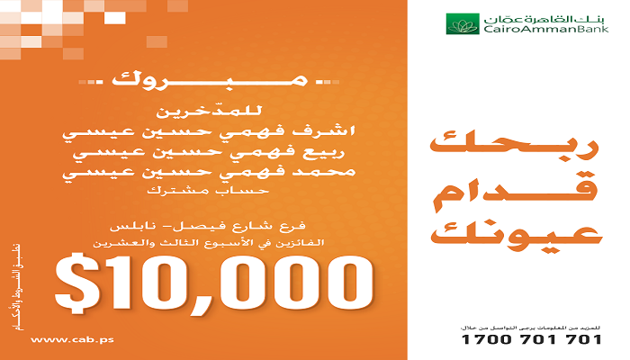 بنك القاهرة عمان يعلن عن أسماء الفائزين في الأسبوع 23 بجائزة الـ 10 الاف دولار